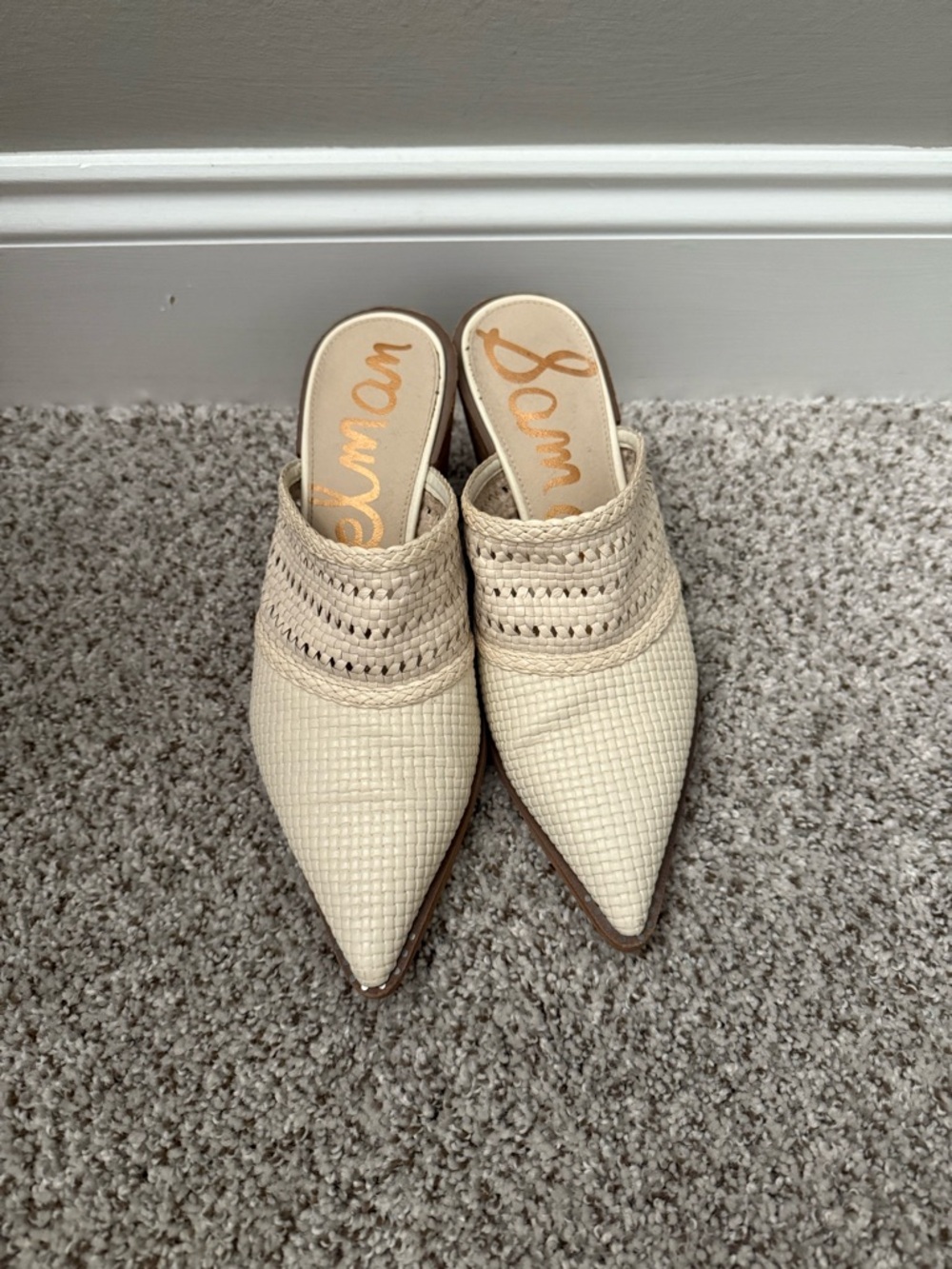 Sam Edelman Woven Pointed-Toe Slip-On Mules in Cream